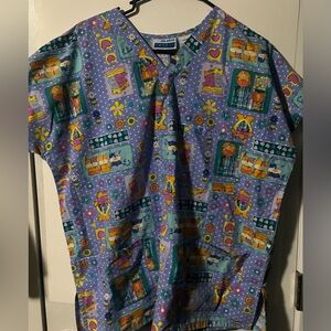 Nursing Scrubs Blue Polka Dot Cat Printed Women’s Medium